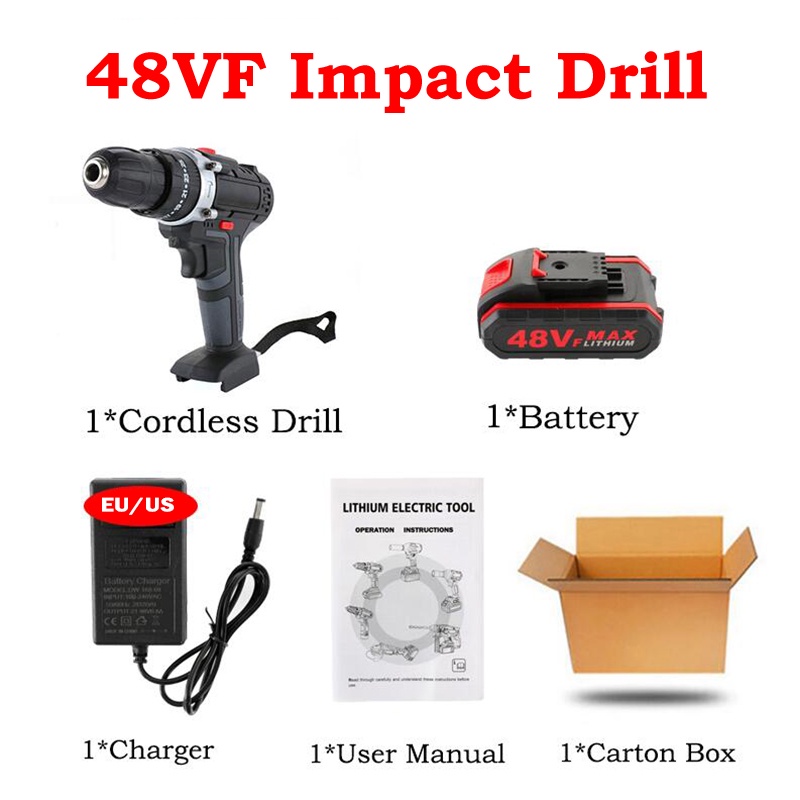 48VF Cordless Electric Drill Impact Drill Wrench Screwdriver Double ...