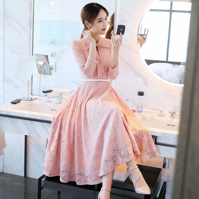 European women dresses long sleeve lace fabric long dresses with lining Vintage Korean Fashion Elegant Ladies Party Casual Sexy Pink Maxi Clothes