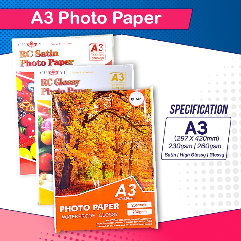 A3 Size Photo Paper Satin | High Glossy | Glossy (20 sheets / pack ...