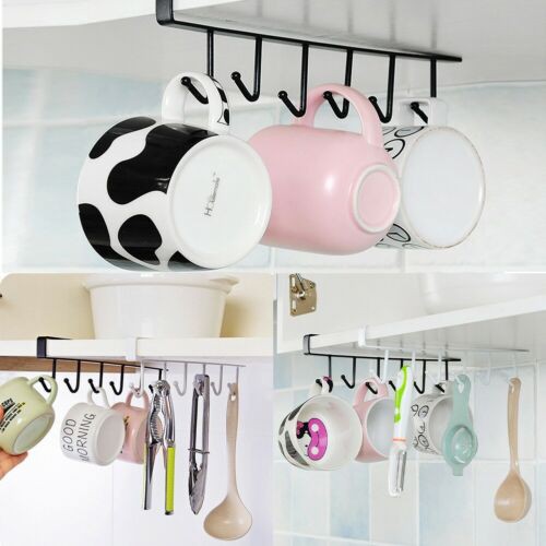 6 Hooks Metal Under Shelf Mug Cup Cupboard Kitchen Organiser Hanging