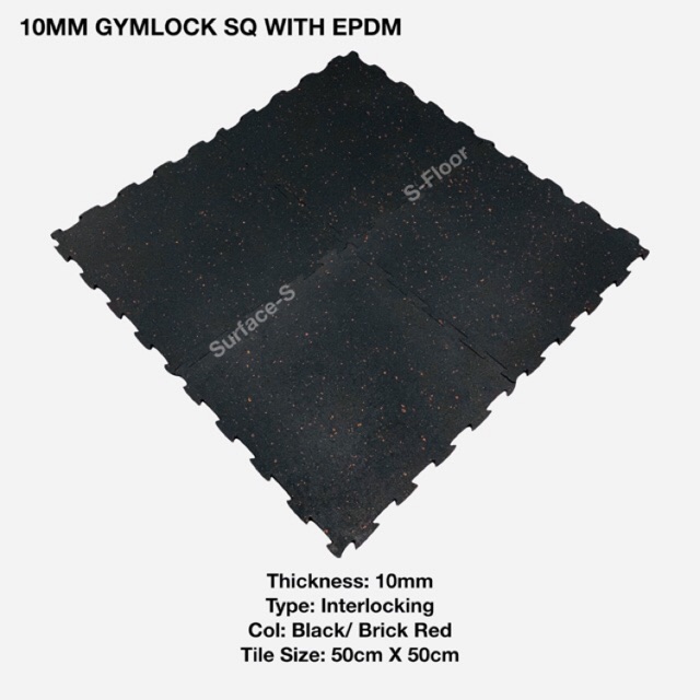 10MM GYM FLOOR MAT INTERLOCKING WITH EPDM/ GYMLOCK SQ/ 50CM X 50CM