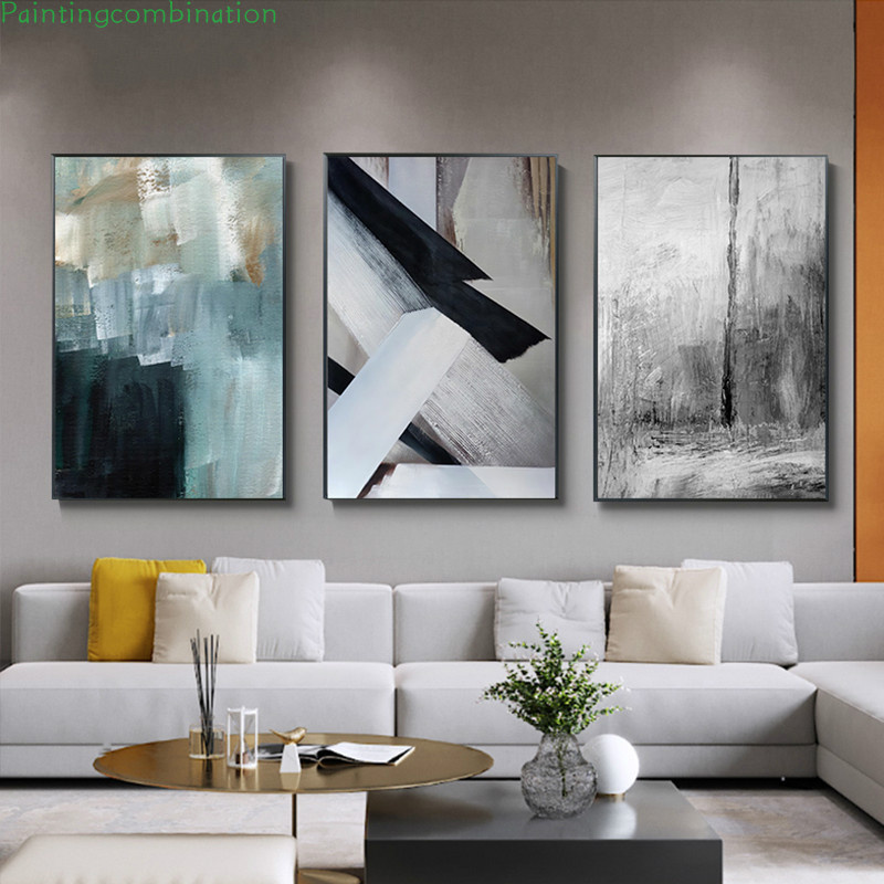 Framed Nordic Black White Geometric Painting Abstract Gray Canvas ...