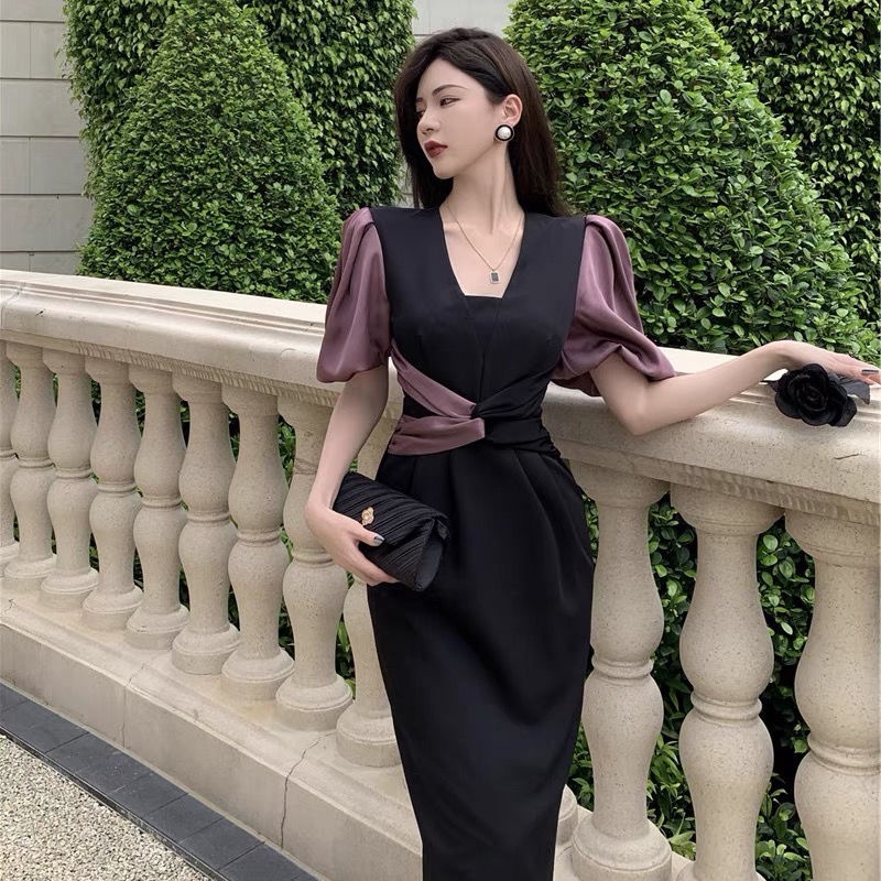 Dress for Women 5 women's new lrregular V-Neck puff sleeve dress solid ...