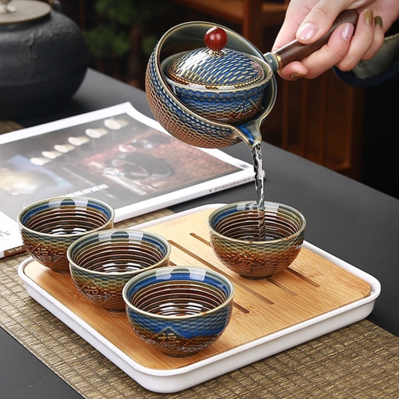 Travel Tea Set Ceramic Teacup Automatic Rotating Teapot Chinese Kung Fu ...
