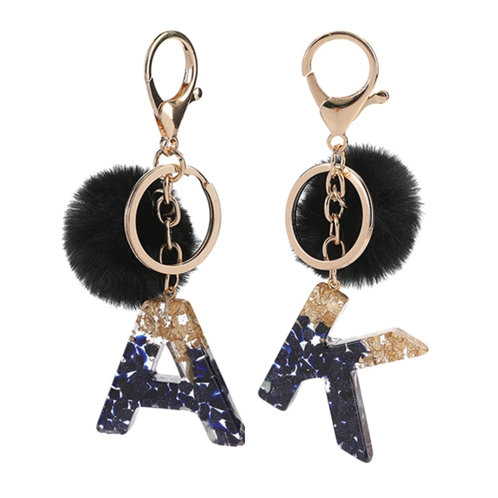 Fashion Gold Foil Black Stone Filled Letter Keychain With Pompom Women ...