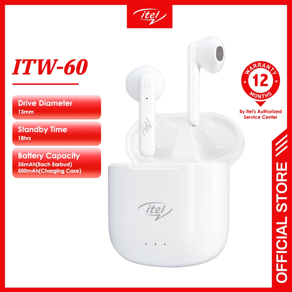 ITW 60 Itel Touch Control Noise Canceling With Charging Case White Inear Wireless Bluetooth Earphone