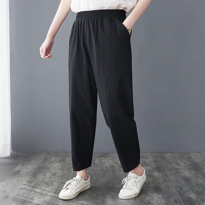 Plus Size Cotton and Linen Pants Women's Retro High Waist Loose Casual ...