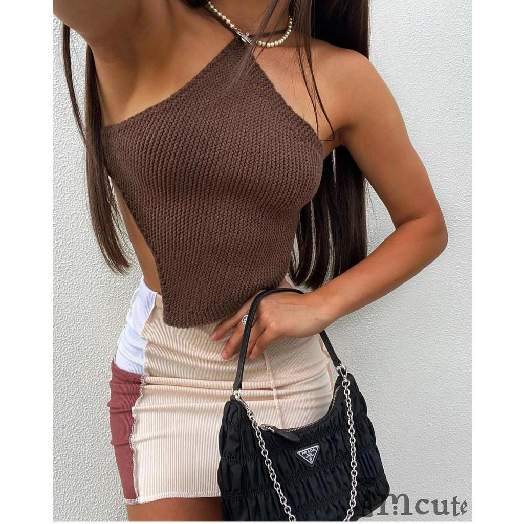 Imcute Summer Women Sexy Chest Wrap Solid Color Hanging Neck Lace Up Sleeveless Knitted 6748