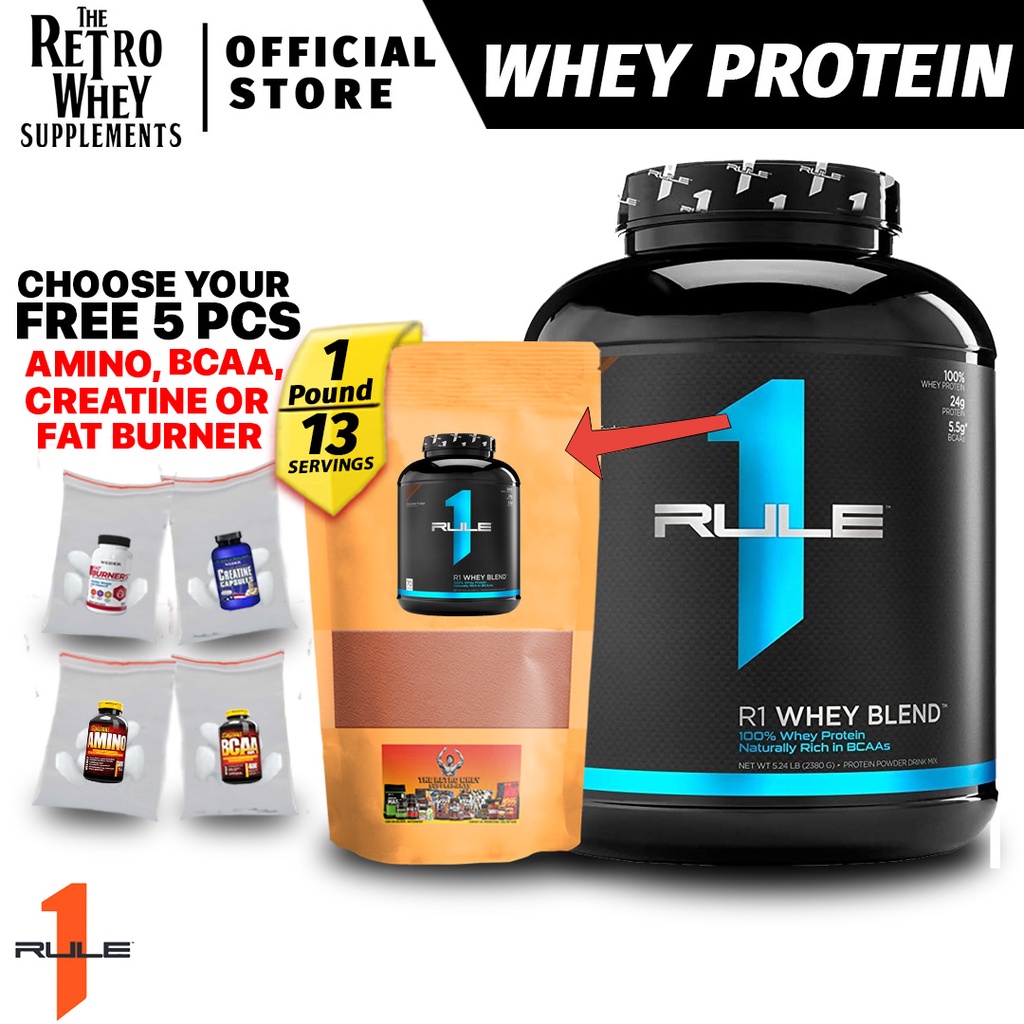 Rule1 Whey 1 LB FREE 5 Pcs. Amino,Creatine, BCAA, OR W.Fat Burner Also