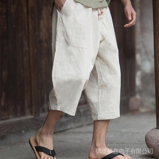 Mens Linen Capri Pants Harem Loose Baggy Shorts Plain Chinese Casual Soft