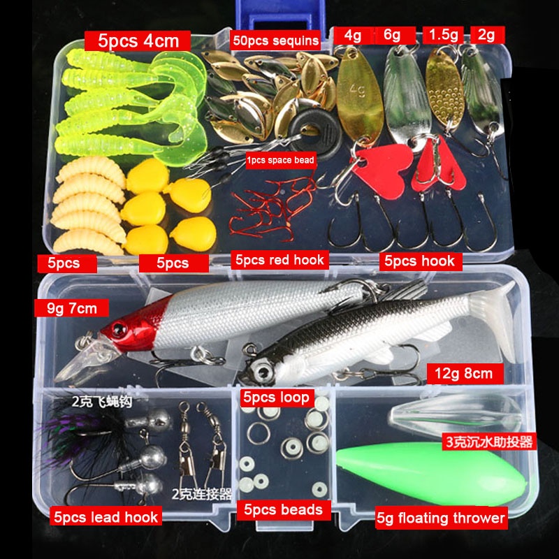 110Pcs Fishing Lure Kit Soft and Hard Bait Set Minnow Metal Jig Spoon ...