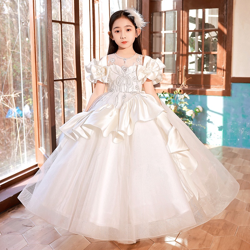 White Flower Long Prom Gowns Teenagers Dresses for Girl Floral Party
