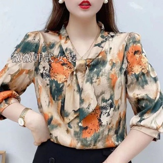 Cheap Women's Summer Three-quarter Sleeve Top Chiffon Shirt Solid Color  Hollow Bow Lace Stitching Sleeves Blouse for Women