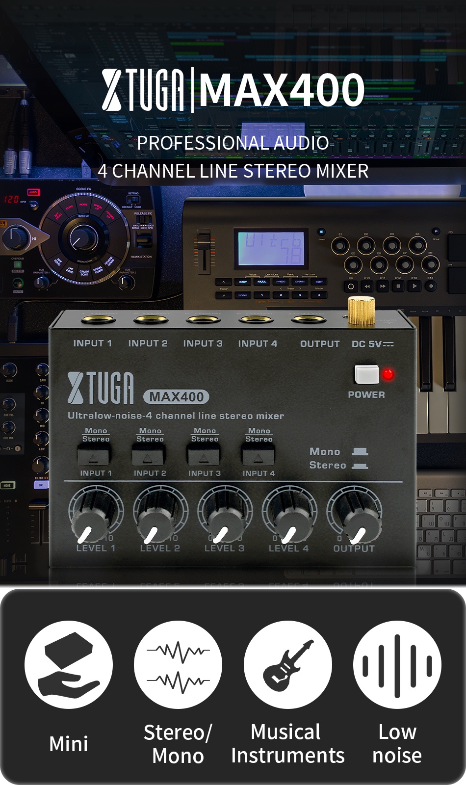 Btuty 4-Channel Mini Audio Mixer – Ultra Low Noise, Portable Stereo Mixer For Mics, Guitars, Keyboards