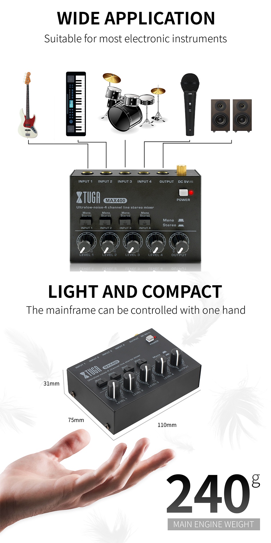 Btuty 4-Channel Mini Audio Mixer – Ultra Low Noise, Portable Stereo Mixer For Mics, Guitars, Keyboards