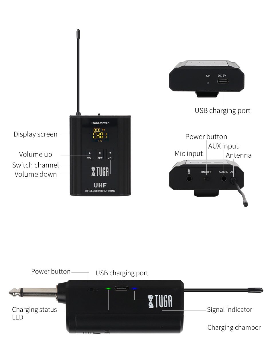 XTUGA U201 UHF Wireless Microphone Portable Mini Bodypack Transmitter ...