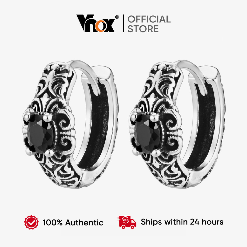 Vnox Silver Color Black CZ Cubic Zirconia Scroll Pattern Hoop Earrings ...