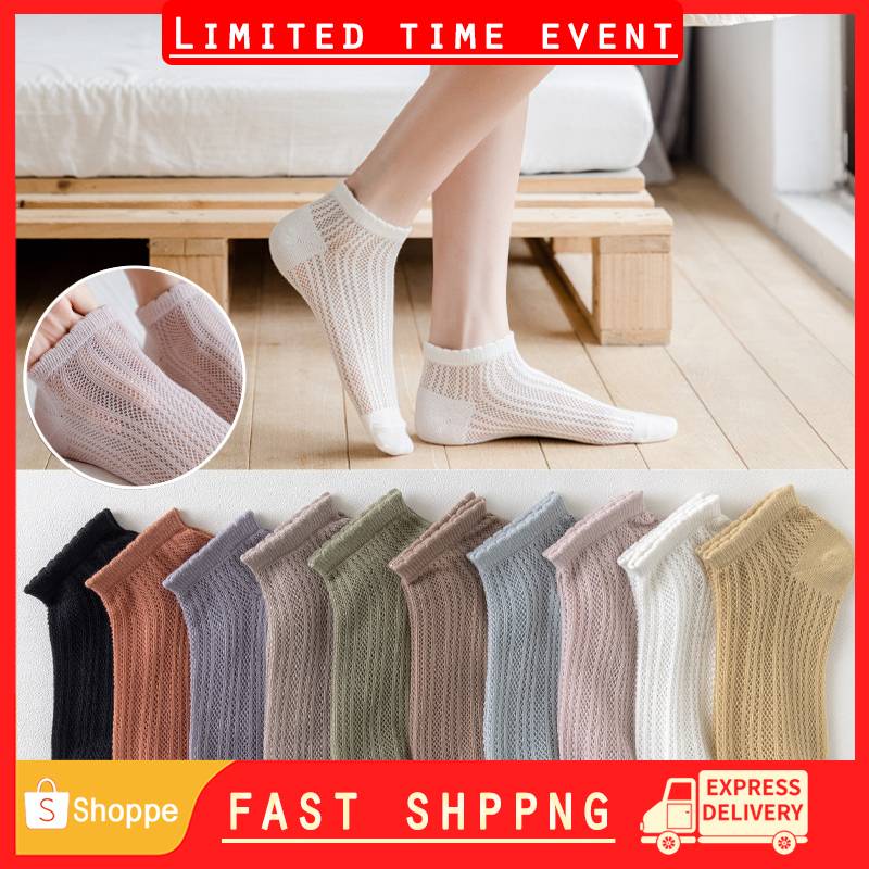 Socks women candy color pile socks solid color hollow mesh breathable ...