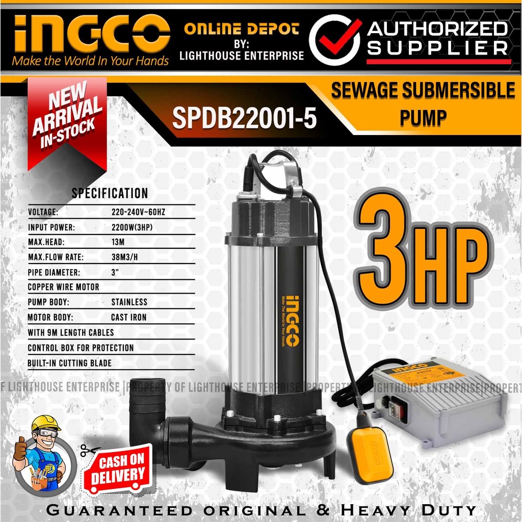 INGCO 2200W 3HP Industrial Sewage Submersible Pump w/ Floater Switch