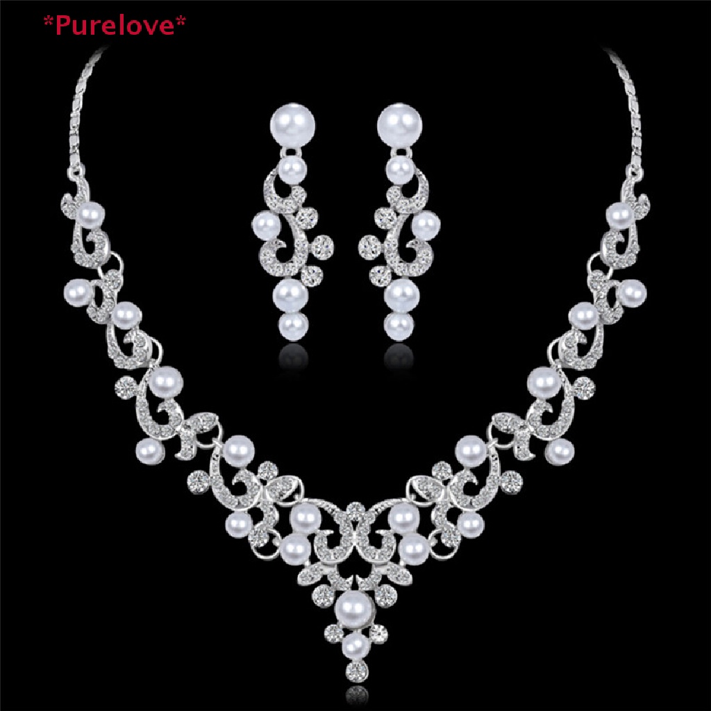 Purelove Fashion Rhinestone Faux Pearl Necklace Earrings Women Bride Jewelry Set Hot T New 1708