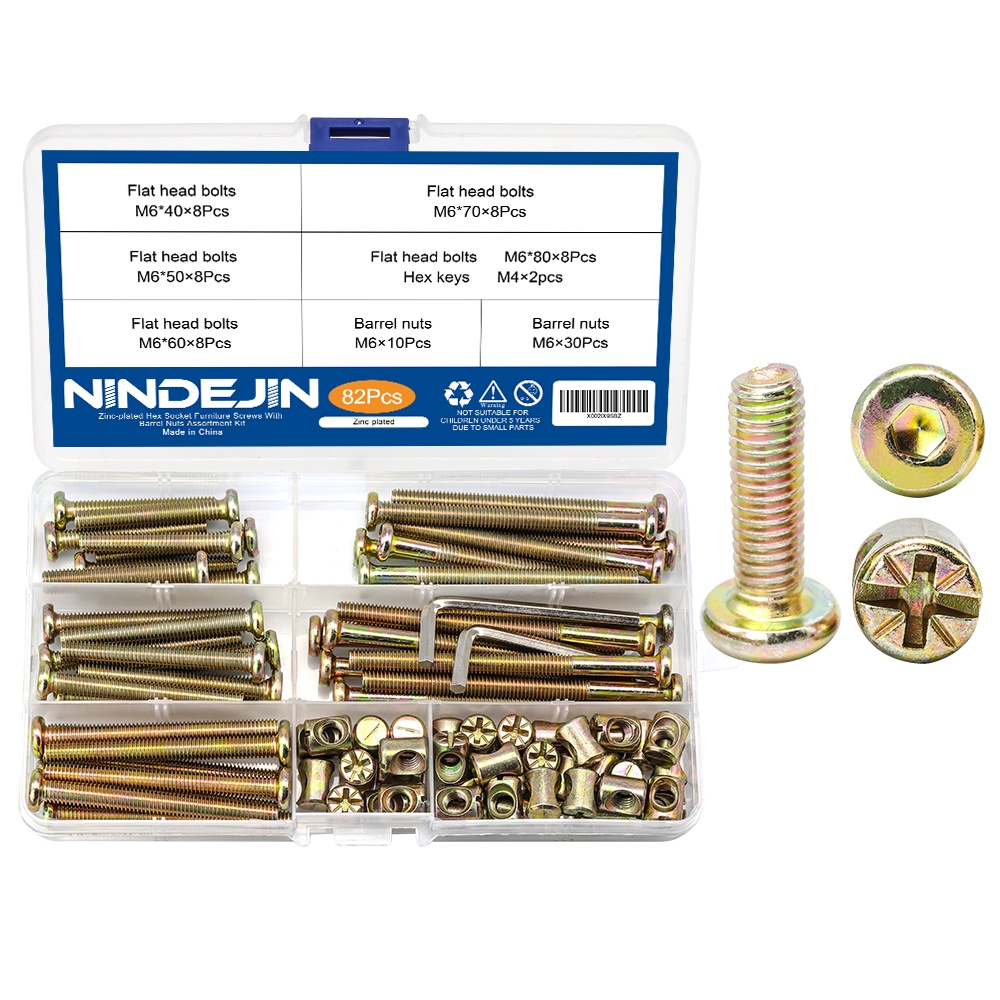 NINDEJIN 82pcs/set Cradle Screw Hex Flat Head Socket Furniture Screw M6