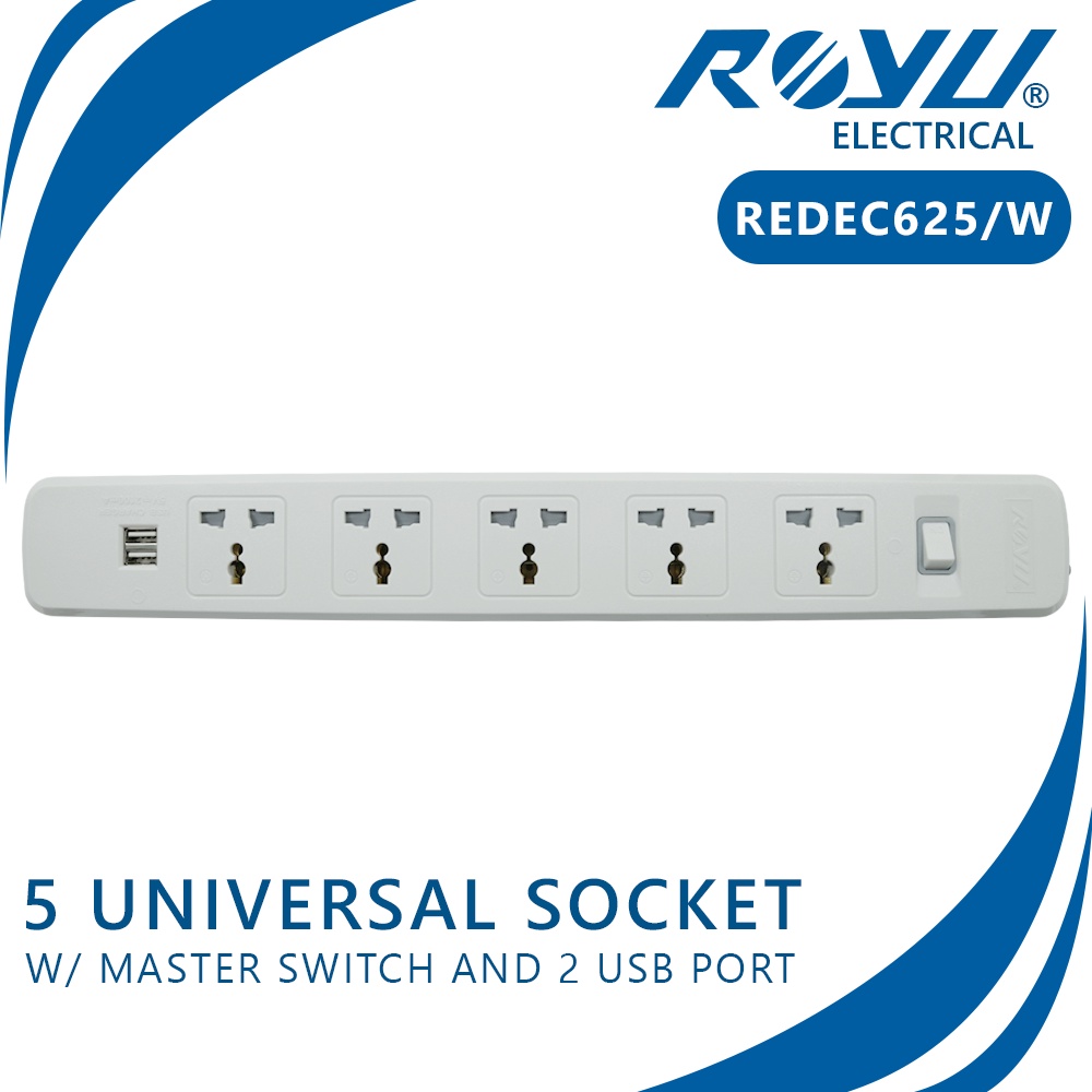 5 Gang Socket Outlet 2 Meters Extension Cord with One master Switch & 2 ...