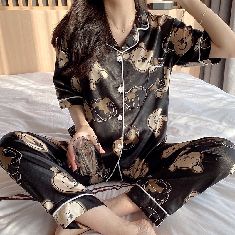 Women Sexy Silk Satin Pyjamas Set Short Sleeve Home Wear Sleepwear