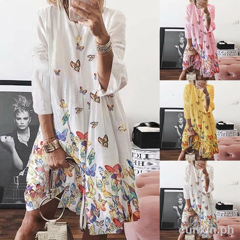 Floral Butterfly Print Long Sleeve Beach Shirt Dress main image 0