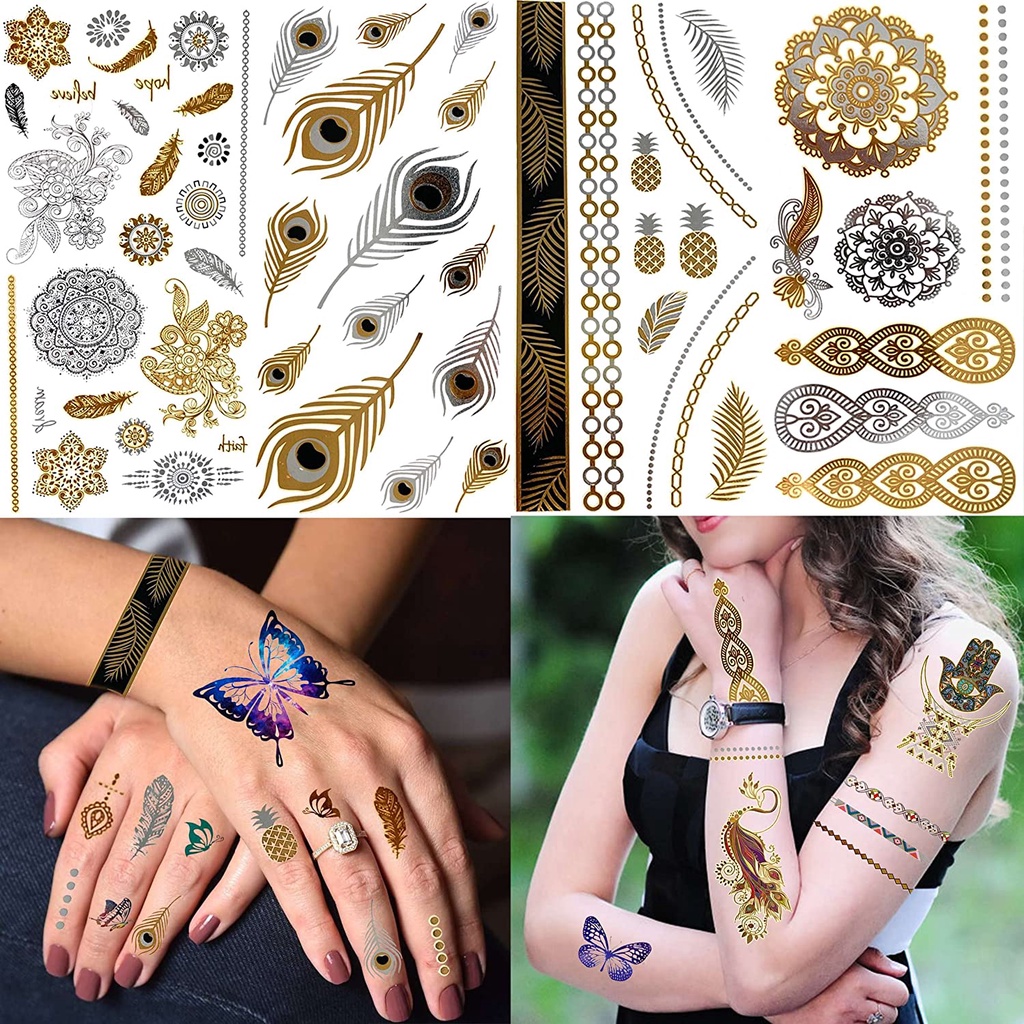 Gold Temporary Tattoos For Women Adults Metallic Peacock Feather ...