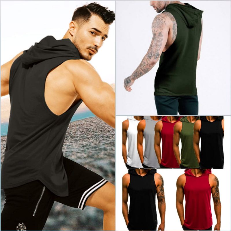 PLAIN HOODIE GYM MUSCLE TEE - Stretchable - Tank Top - Openside - Good ...