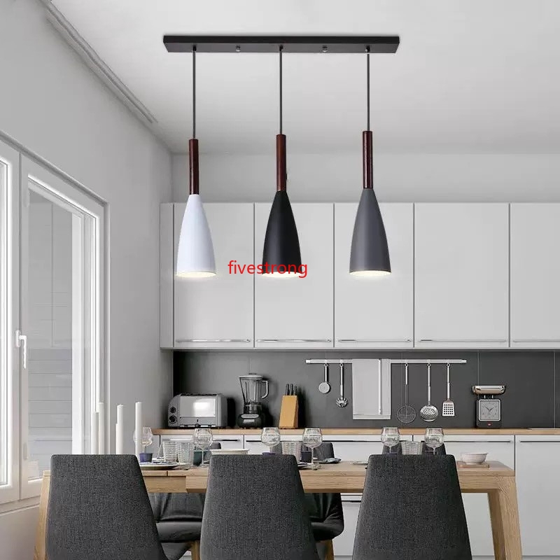 Modern 3-Light Wood Pendant Light Fixture Metal Ceiling Lamp Fixture  Chandelier for Kitchen Island Table Dining Room