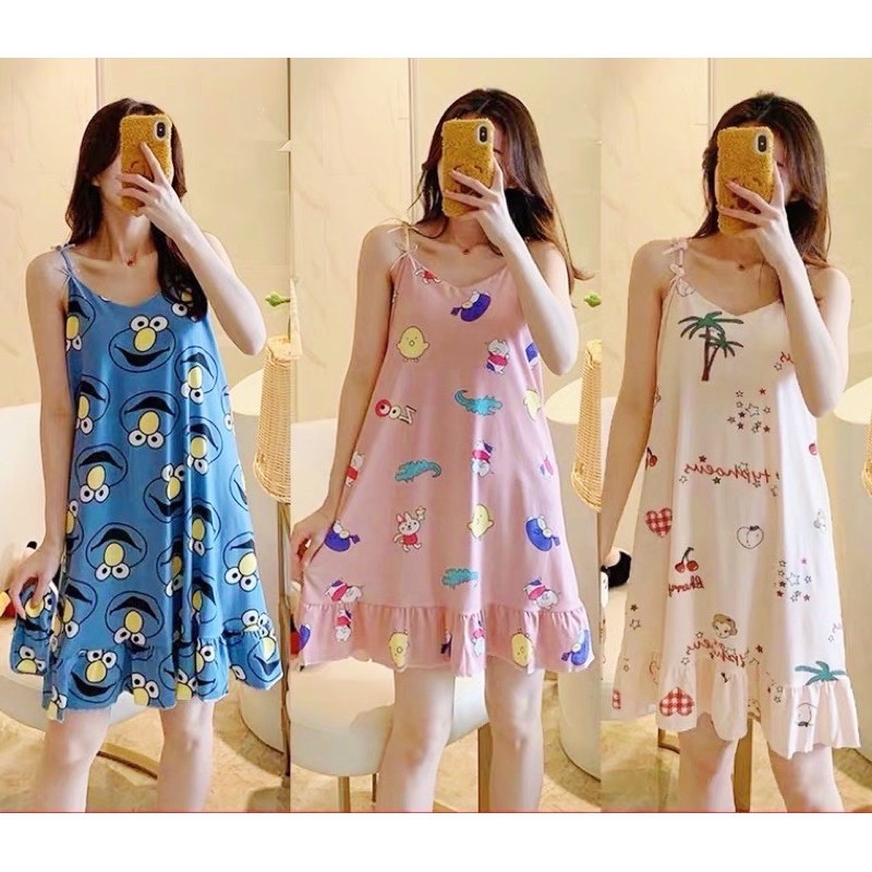 Cute Spaghetti Night Dress For Women Pajama Sleepwear Ruffle Pambahay Duster Freesize Kapal Soft Shopee Philippines