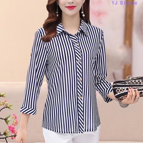 Plus Size Blouse Women Summer Silk Shirt Long-sleeved Striped Shirt ...