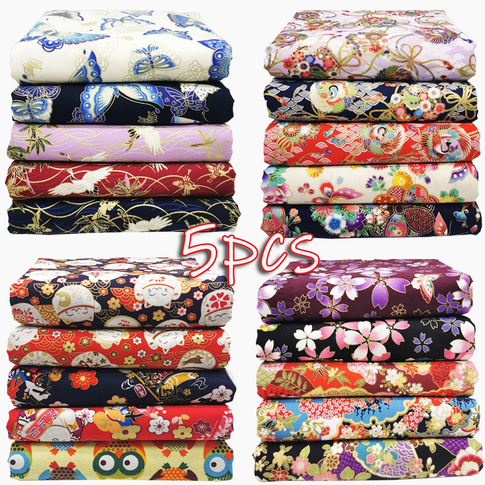 5pcs Japanese Floral Printed Cotton Fabric Squares for Quilting