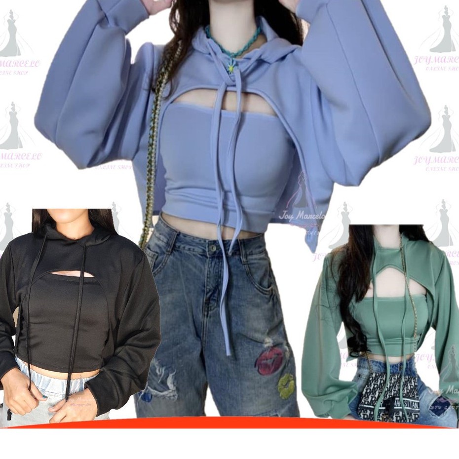 Crop top hoodie store shopee