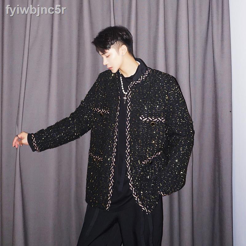 ins✓Autumn and Winter New Chanel Style Black Gold Fried Street Suit Jacket  Men's Korean Weaving Twee