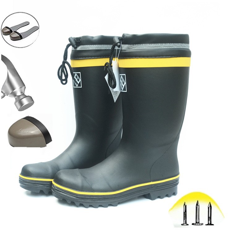 Black Rubber Safety Fishing Boots Men Steel Toe Steel Sole Rain
