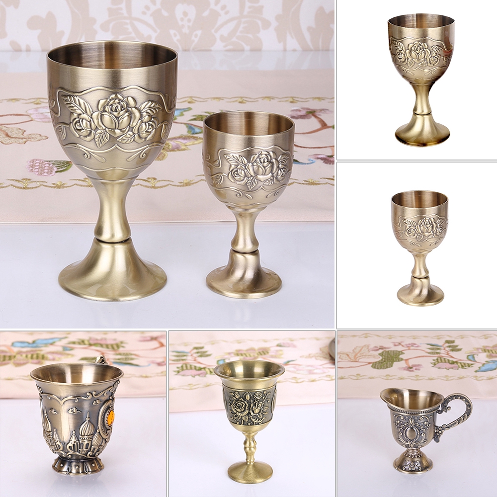 Vintage Brass Metal Goblet Chalice Cup Wine Glass Pair Made in