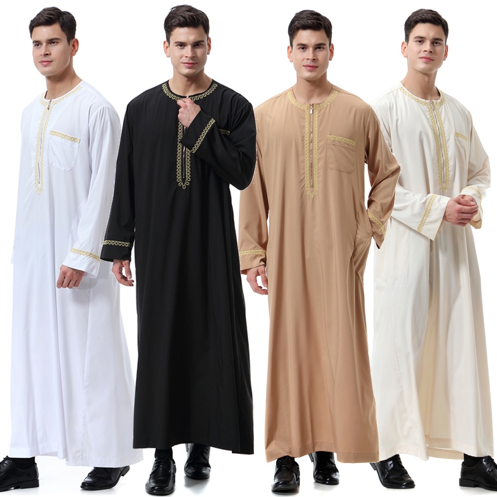 New black jubba thobe islamic clothing men caftan homme zipper arabic djellaba homme pakistan