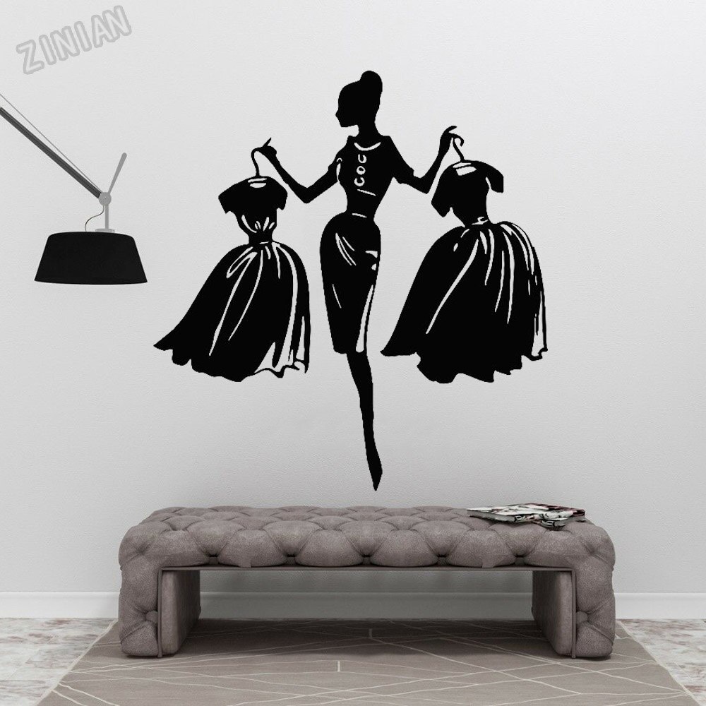 Fashion Girl Wall Decal Shopping Clothing Store Dresses Stickers Vinyl ...