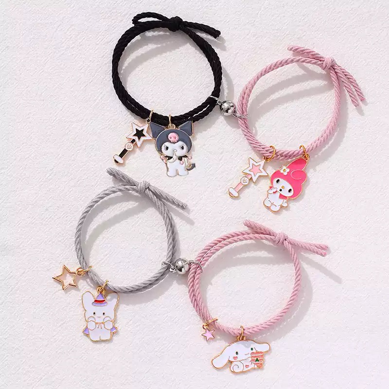 2Pcs Cute Cartoon Kulome Melody Magnetic Couple Bracelet Lover Friendship  Pendant Bracelet Matching Bracelet Gift Elastic Rope Women Jewelry