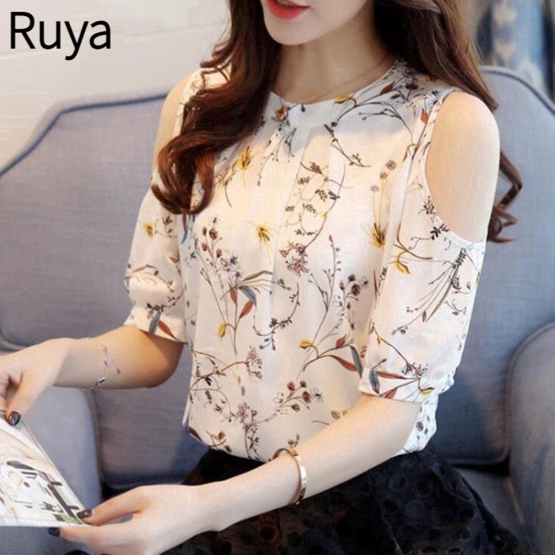 Ruya Blouse Chiffon Floral Elegant Open Shoulder Plus Size Casual Women ...