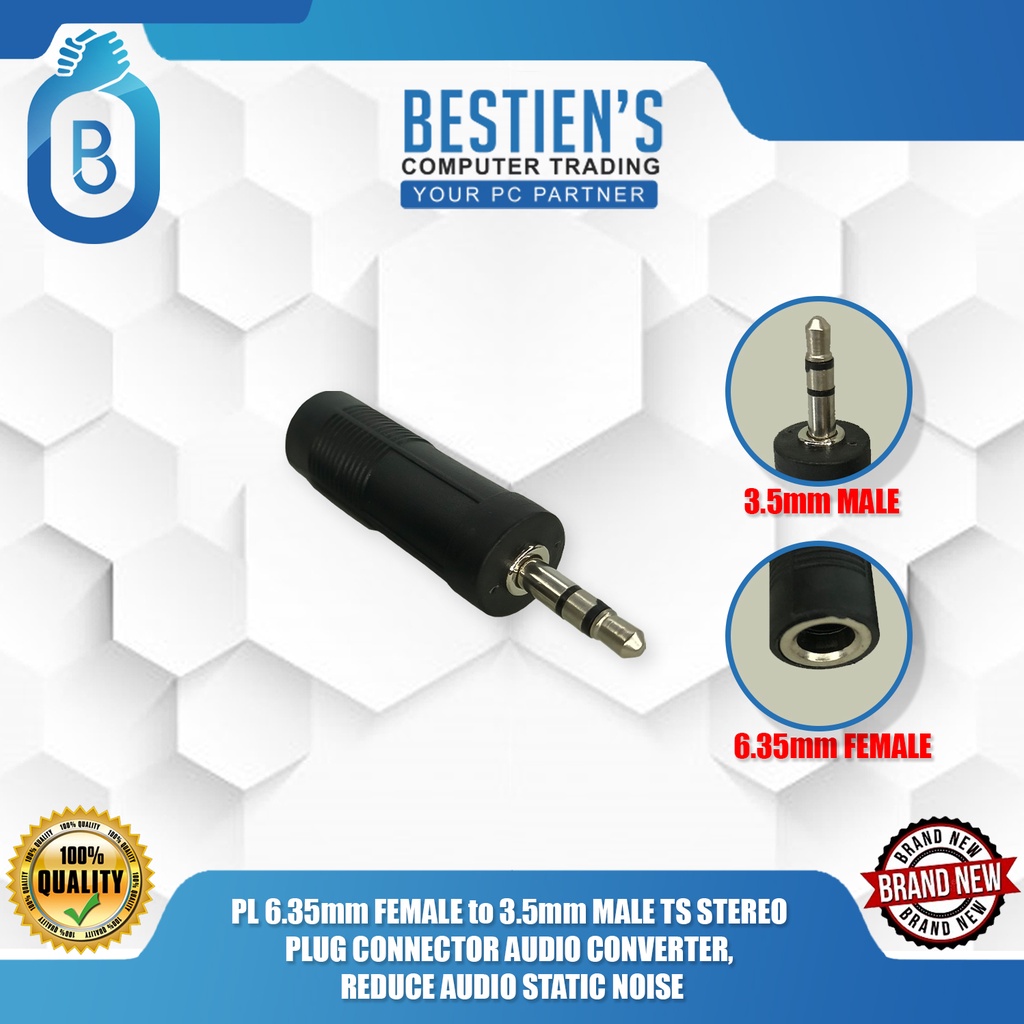 PL 6.35mm FEMALE to 3.5mm MALE TS STEREO PLUG CONNECTOR AUDIO CONVERTER ...
