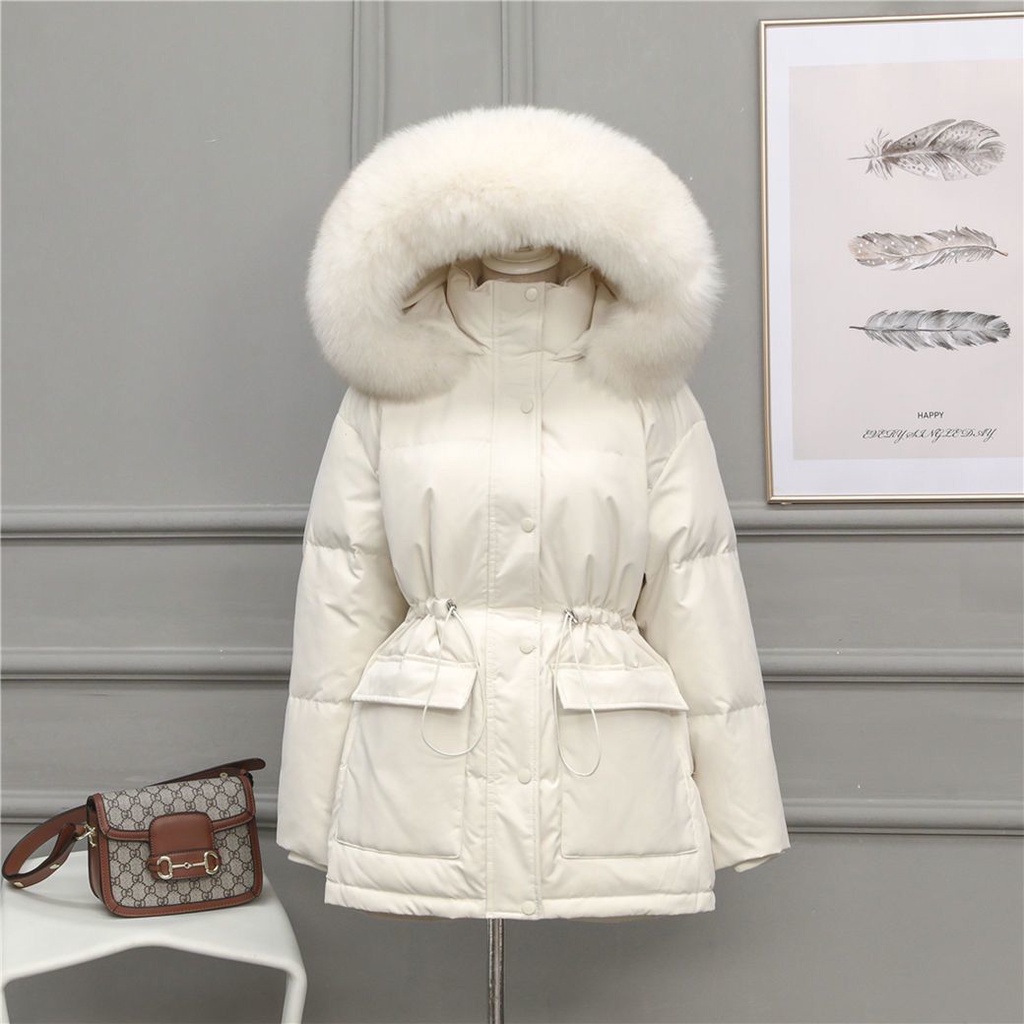 Women's Winter Jacket Solid Hooded Large Fur Parkas Drawstring Slim ...