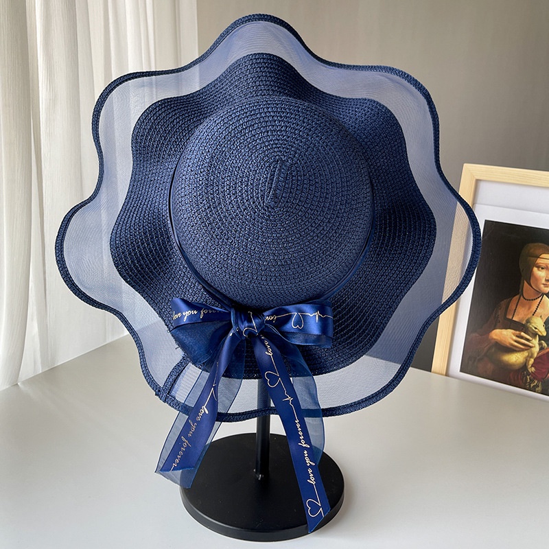 #bht-01 Wide Brim Bowknot Ribbon Beach Hat Ladies Summer Outdoor 