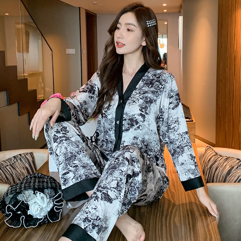 Women And Printing Pajama Set Thin Ice Silk Long Sleeve Large Sleepwear