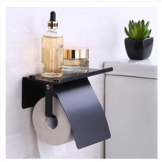 Toilet paper holder with phone holder, perforated aluminum paper towel roll  dispenser for extra large rolls, wall mounted toilet paper roll holder for  bathroom, black