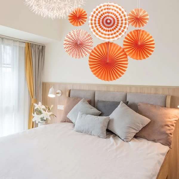 fan 6 in 1 /pack Orange colour Paper fan flower decoration set birthday ...
