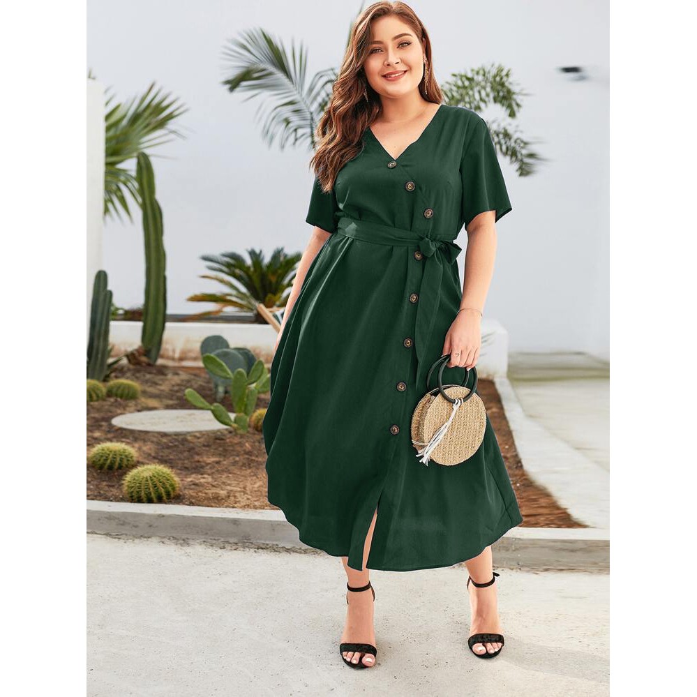 Y476 PLUS CHIC Button Down Self Belt Plus Size Dress Shopee Philippines