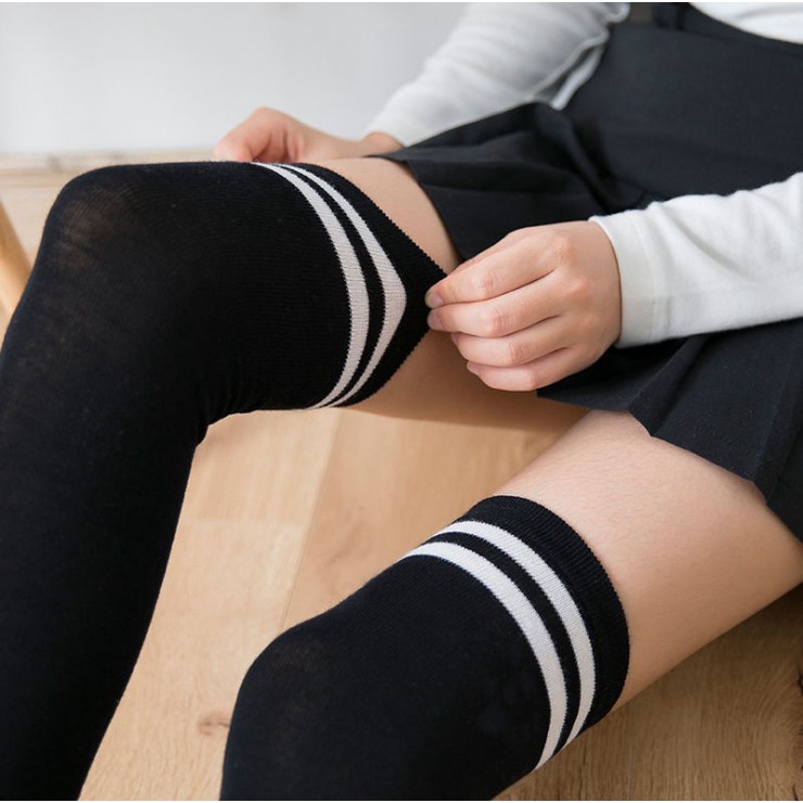 Black White Striped Long Socks Women Over Knee Thigh High Socks